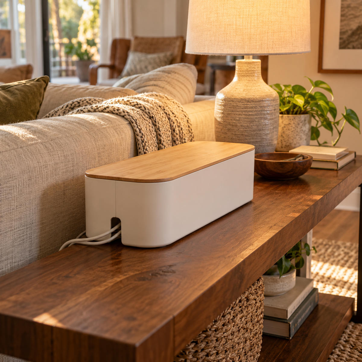 Bamboo-Lid Cable Management Box