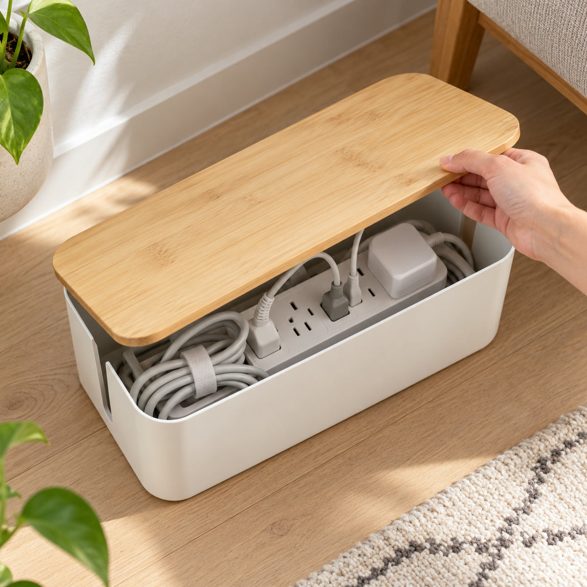 Bamboo-Lid Cable Management Box